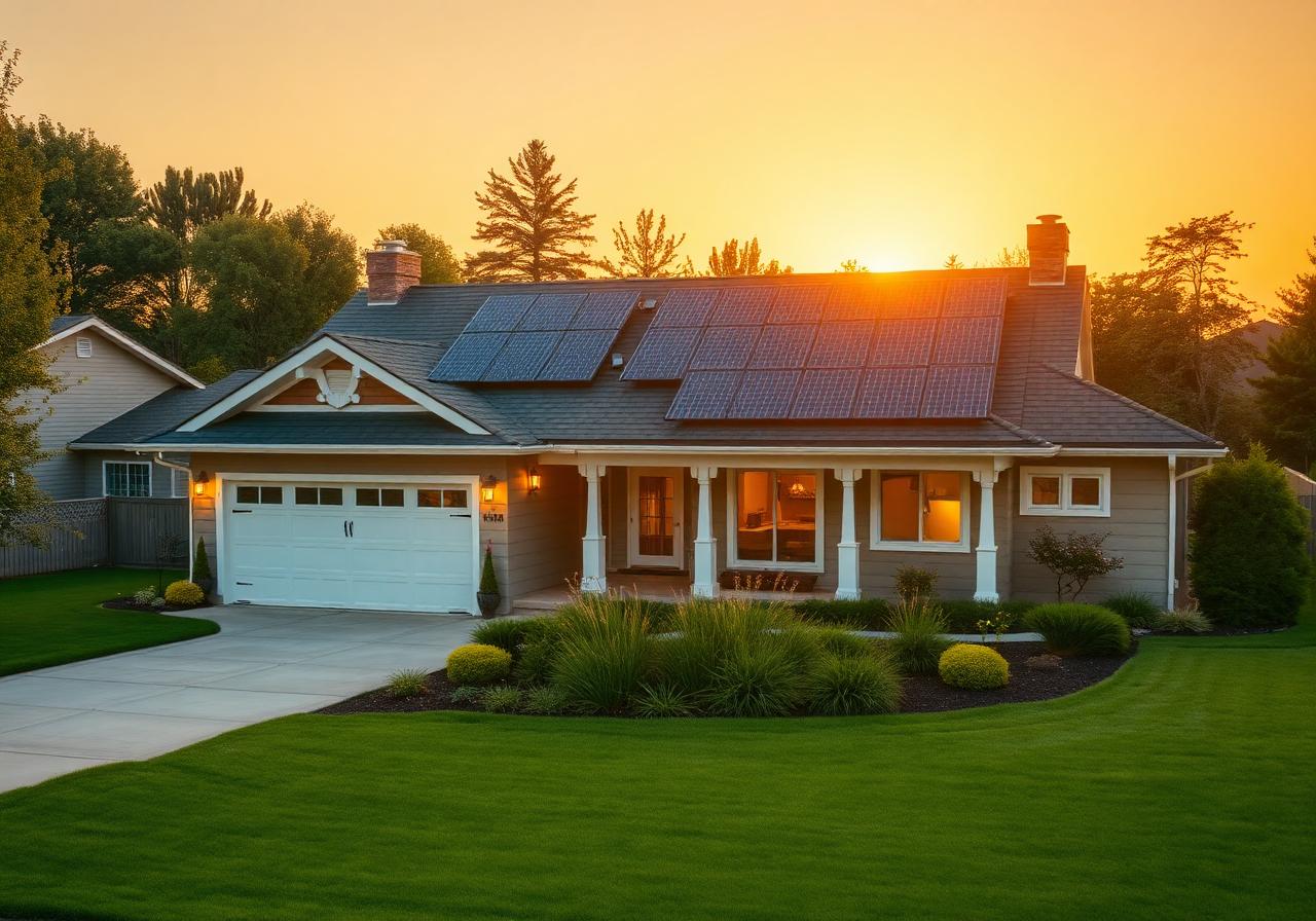 Suburban home with rooftop solar panels at golden hour