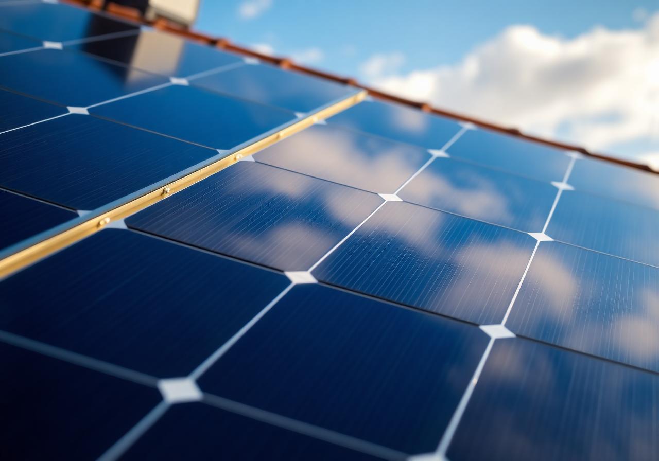 Close-up of residential rooftop solar panels reflecting the sky